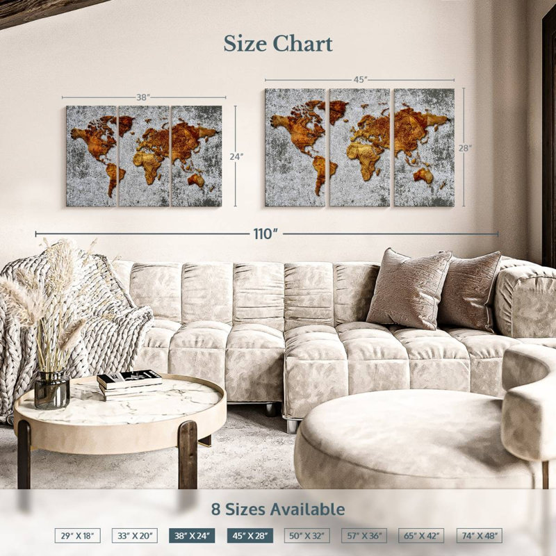 Antique Bronze World Map Multi Piece Canvas Print, H 24 po x l 38 po x P 1,25 po