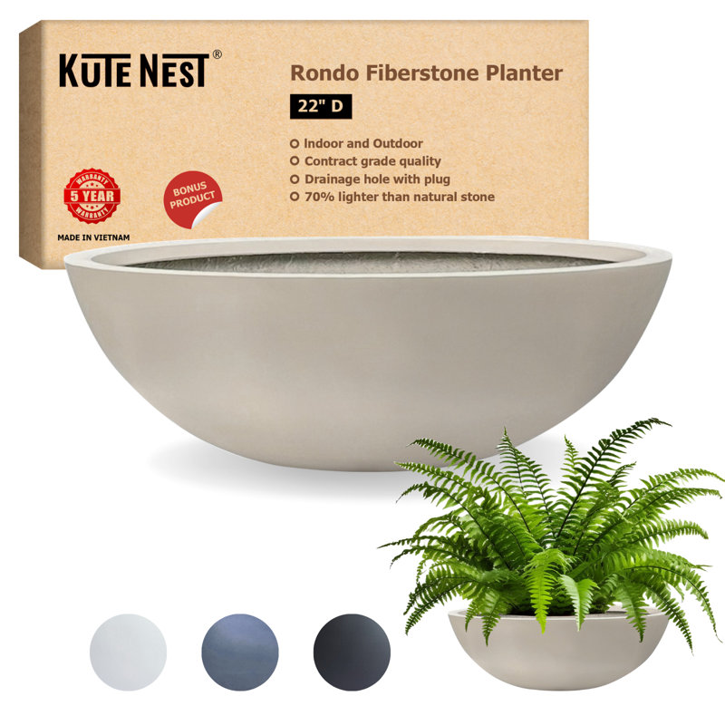 Grand pot de fleurs Kute Nest intérieur / extérieur en fibre de ronds D22 ", H 7,5 po x l 22 po x P 22 po, Taupe