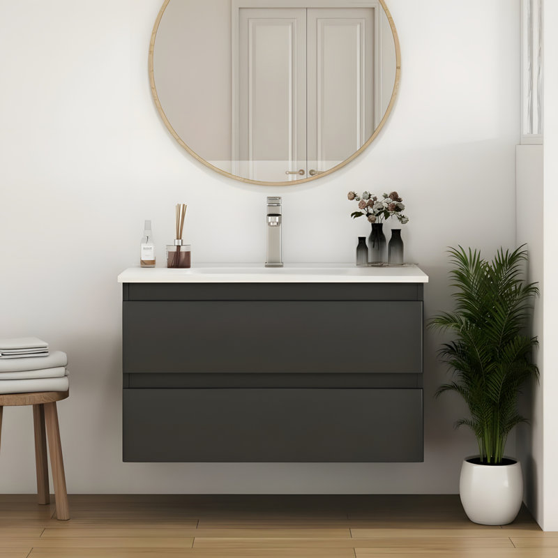 Meuble-lavabo mural intégré en céramique, Brun-noir