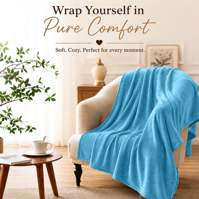 Reversible Mink Faux Fur Plush Fleece Throw/ Blanket, 130cm x 150cm, Light Blue