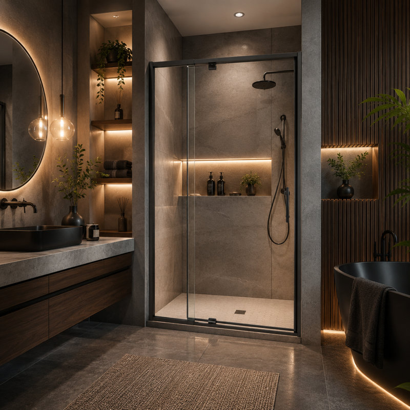 porte de douche pivotante semi-sans cadre avec verre trempé transparent 1/4 "l 38" -42 "x H 71" Privdr, Noir mat