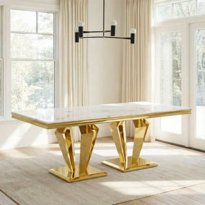 Rectangular Dining Table 66.9" L x 33.5" W x 29.5" H MDF and Stainless Steel 1 Piece Dining Table White+Gold Marble Top Diamond-Shaped Base 6-Seater