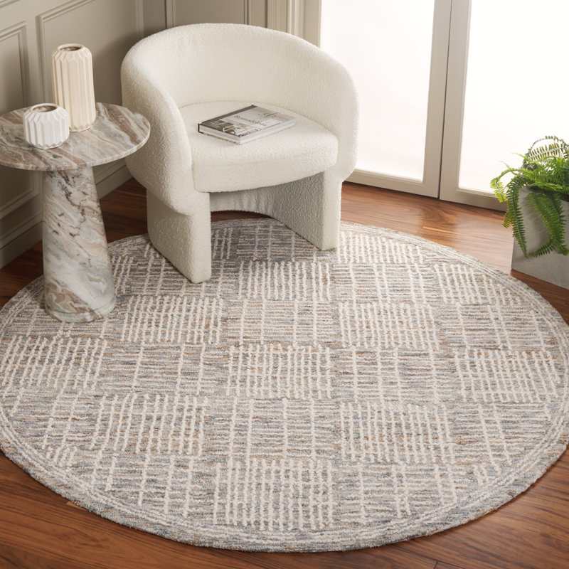 Wikhard Abstract Hand Tufted Wool Cotton Geometric Rug in Brown/Ivory, Round 6'