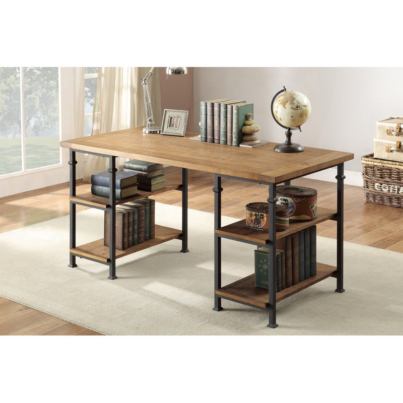 Bureau d'écriture rétro vintage industriel 4 pièces Bublava avec finition en peuplier rustique, bois massif et métal, table de bureau au design moderne