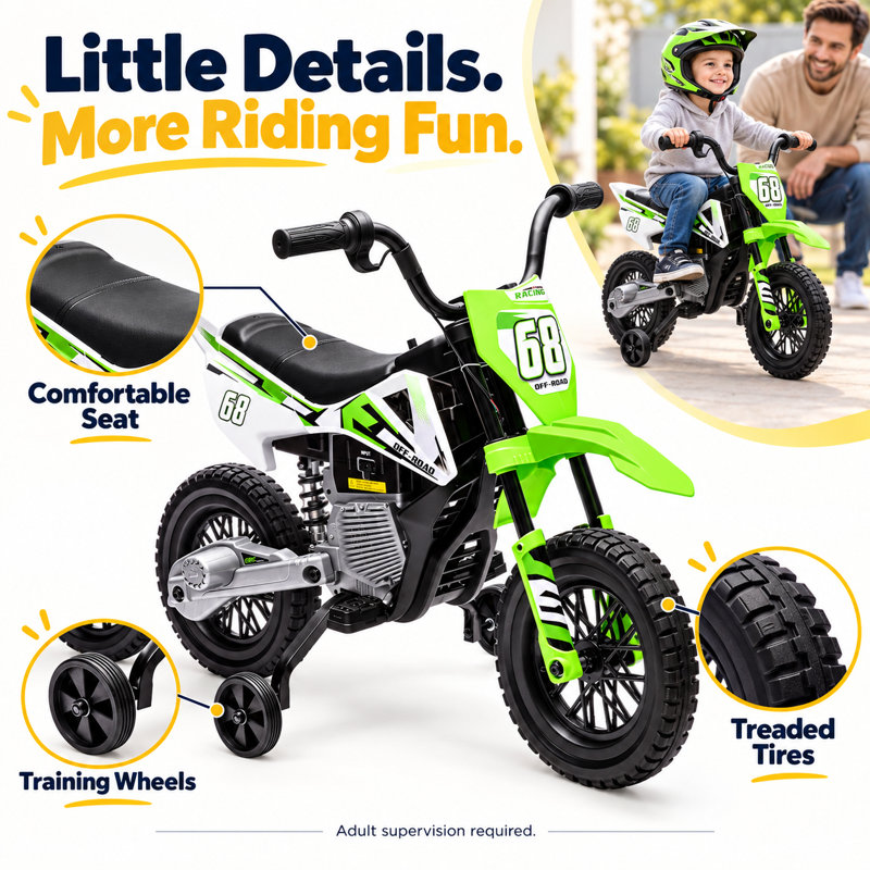 Moto électrique pour enfants Forever Source 12V, roues d'entraînement, suspension à ressort, accélérateur à torsion, lumières DEL et musique, idéale pour les enfants de 3 à 5 ans, vert