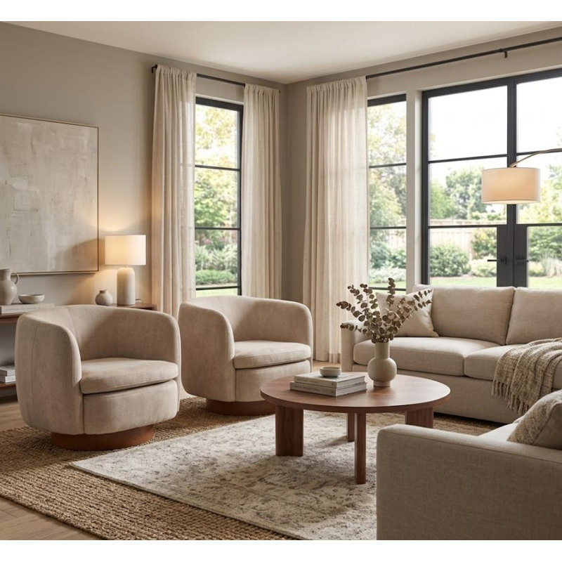 35" Wide Modern Swivel Faux Leather Upholstered Barrel Chair(Set Of 2), Beige Fabric