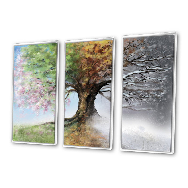 Arbre avec quatre saisons - ensemble d'art mural sur toile encadré paysage de 3, Blanc, H 32 po x l 48 po