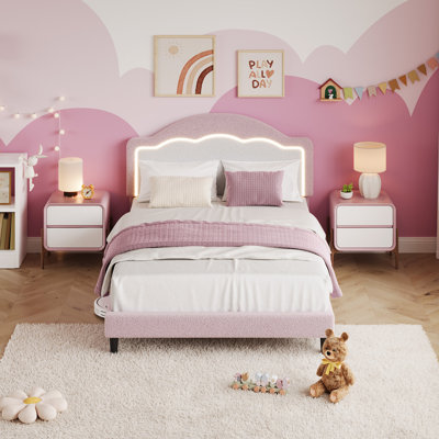 Bed Frame with LED Headboard, Plush Sherpa Fabric Upholstery, Slat Support (No Box Spring Needed)