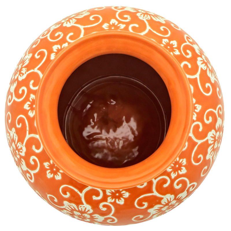 14" Bright Yellow Tung Chi Vase, Orange Floral