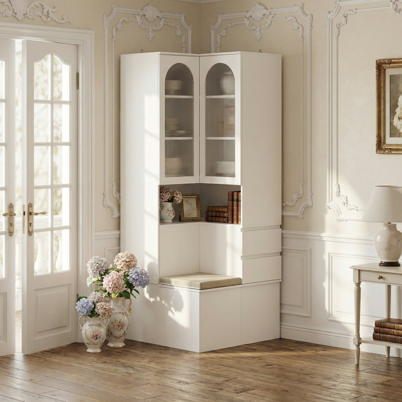 78.7"H Corner Entryway Cabinet With Drawers, Open Shelf & Cushioned Seat