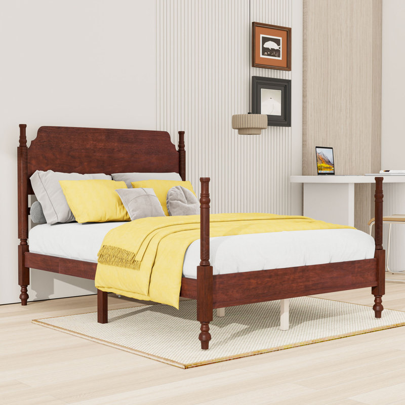 Lit plateforme en bois avec tête de lit et pieds centraux, Full, Noyer foncé