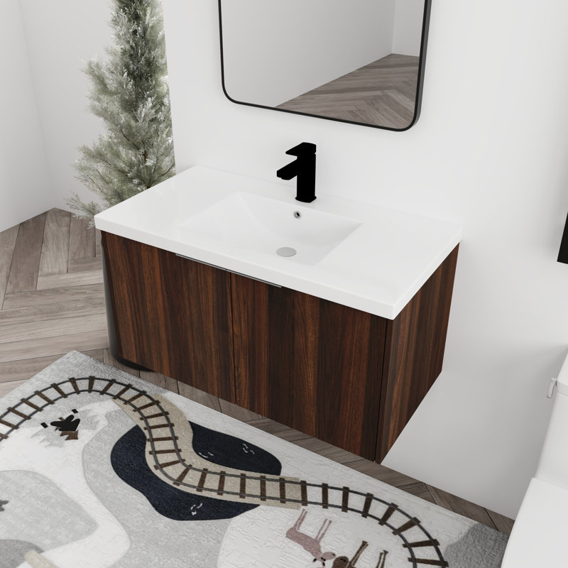 36" Wall Mounted Single Bathroom Vanity with Resin Vanity Top, California  Walnut