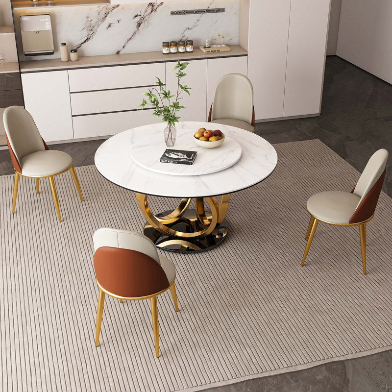 Table de salle à manger 53 "ronde avec plateau tournant à 360 ° lisse - Plateau en pierre frittée résistant aux taches et à la chaleur (4 chaises)