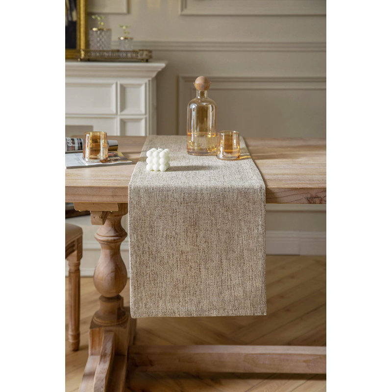 Oatmeal Beige Rustic Polyester Farmhouse Table Runner, 14x90 Inches