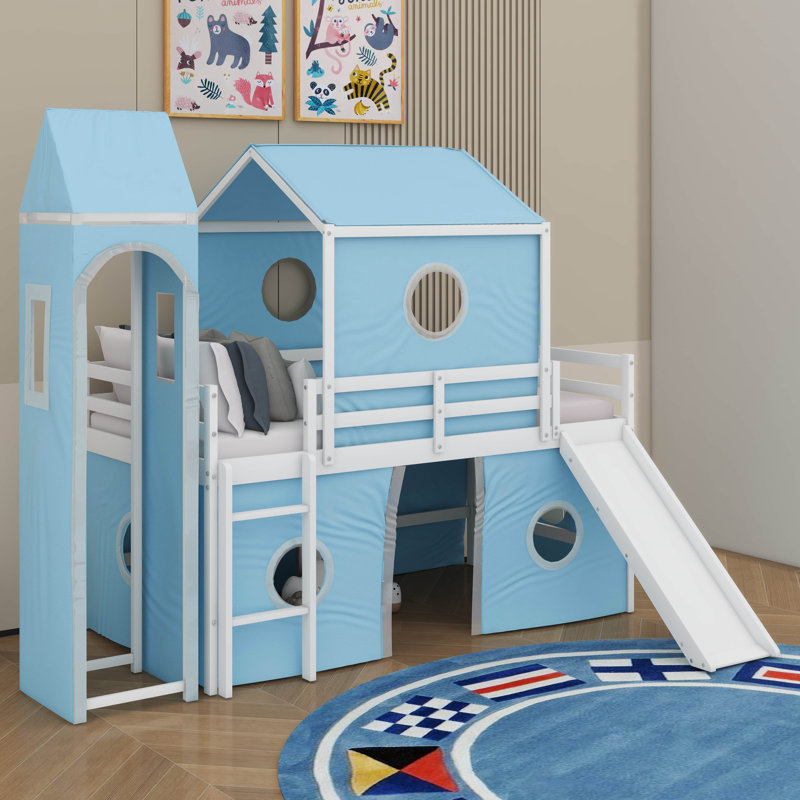 Lit mezzanine simple avec glissade et tour, Bleu
