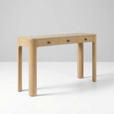 Rustic Console Table with Curved Corners and Three Concealed Drawers for Entryway, Hallway, and Living Room Sofa Table with Sturdy Thick Legs and Distressed Finish