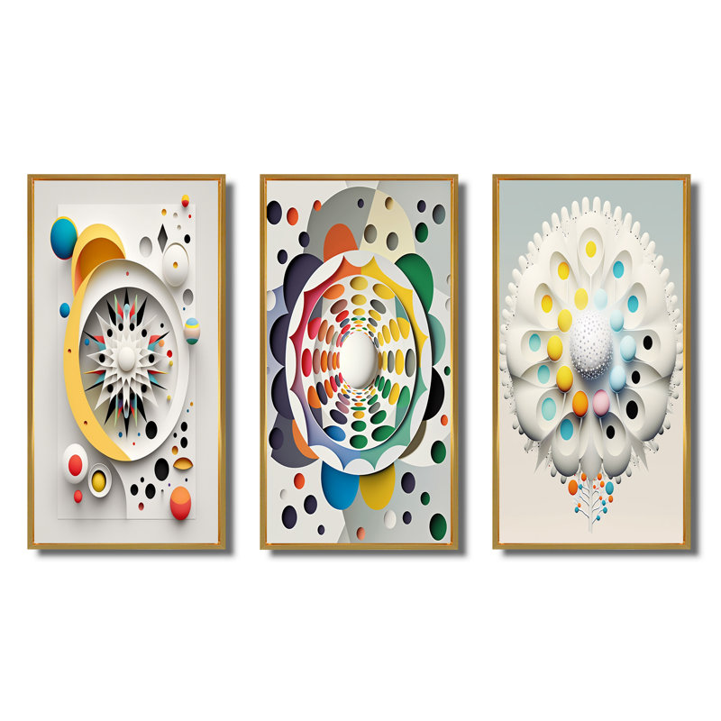 "Métamorphose géométrique de l'éveil I", 3 pièces sur toile, Cadre flottant doré, H 28 po x l 36 po