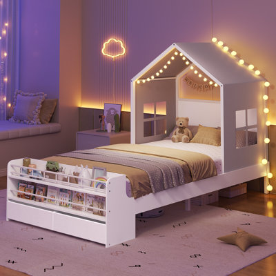 Structure de lit simple avec 2 tiroirs de rangement et bibliothèques, lit maison avec toit et fenêtre, lit pour tout-petit, peu d'espace nécessaire, sommier à assembler facile à assembler