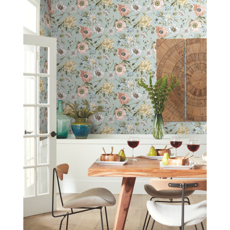 Rouleau de papier peint adhésif rétro Poppy L 18 pi x l 20,5 po, Bleu