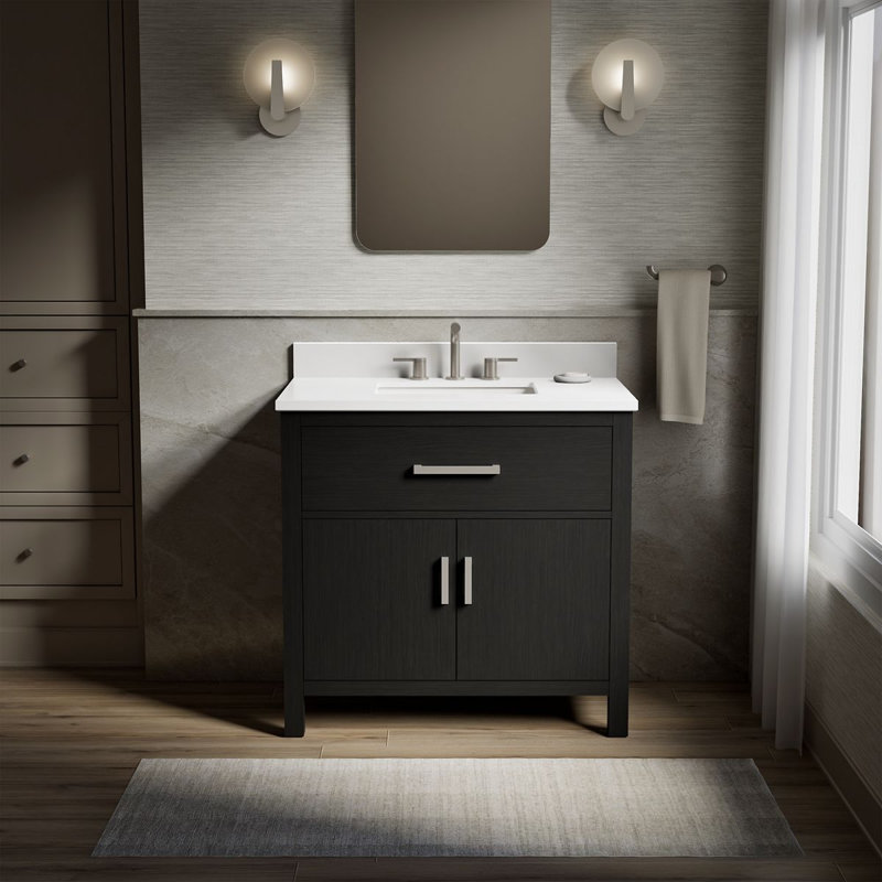 Kresla 36 In. Bathroom Vanity Cabinet With Sink And Quartz Top, Black Oak, Brushed Nickel