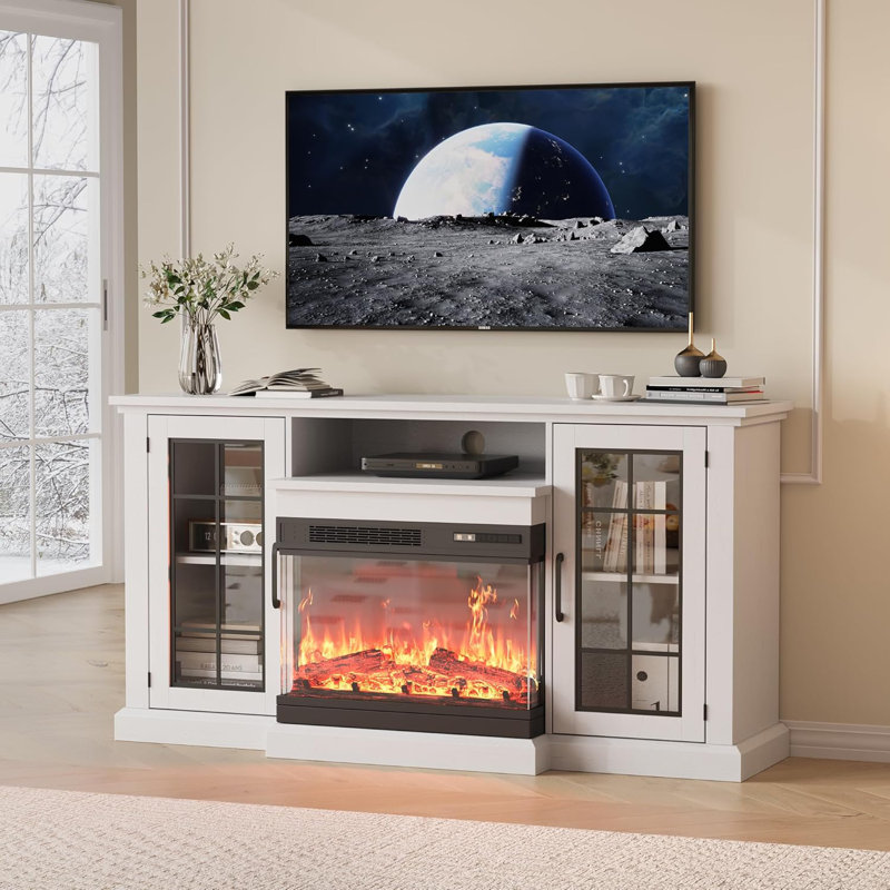 59 In TV Stand & 24 In 3 Sided Glass Electric Fireplace, 12 Colors LED Lights Flame, 750W/1500W For Max 65 In Tvs, 2 Tier Storage 2 Door Glass Cabinet