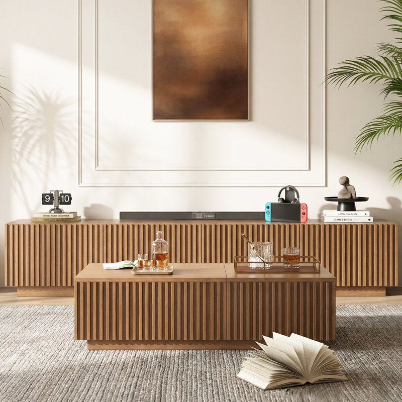 Ensemble de salon moderne à lattes 2 pièces: console de télévision extra longue de 87 po et table basse à plateau relevable avec tiroirs latéraux