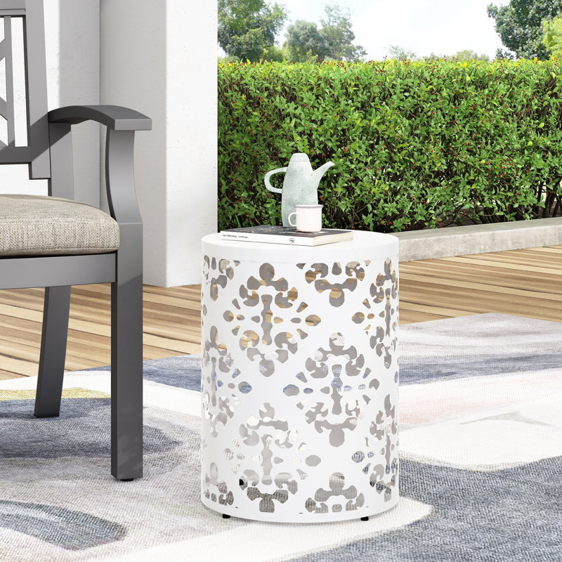 Table de bout cylindrique en fer avec motif floral, White, White, White