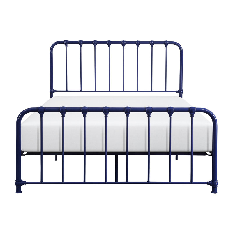 Metal Blue Bedroom Bed, Queen Size, No Box Spring, Classic Lines Bed Frame, Opulence, Spring Needed, Blue, Queen