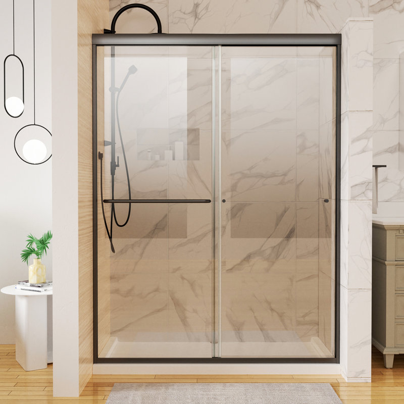 Porte de douche coulissante noire matte avec revêtements Mark 54 "x 72" verre transparent et poignée stable