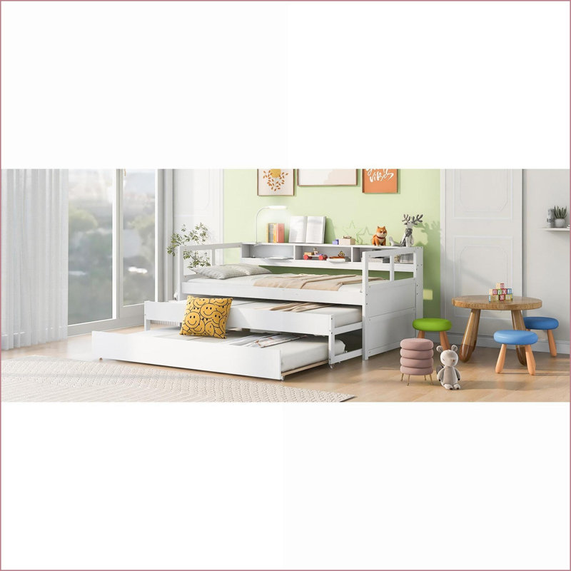 Twin XL Solid Wood Daybed with 2 Trundles &amp; 3 Storage Cubbies, No Box Spring Needed, USB Charging &amp; Free Light, White for Guestroom/Bedroom