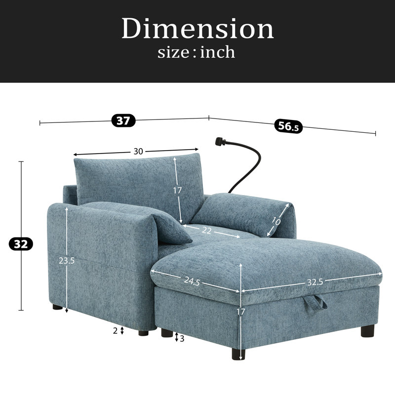 Canapé simple de 37 po avec repose-pieds de rangement, support de téléphone réglable, chargeur à deux ports, poches de rangement, accoudoirs éléphants, fauteuil en chenille confortable, méridienne moderne en nuage pour le salon et l’appartement