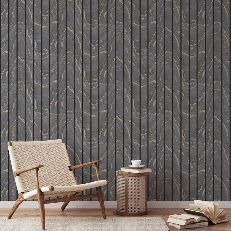Evika  Charcoal Grey Woodgrain Panel Wallpaper 10m x 53cmMetallic Finish Roll