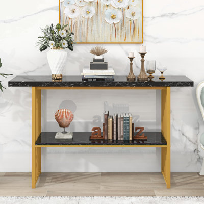 Table console très longue de 63 po avec 2 tablettes de rangement Giammarco, entrée étroite et moderne avec cadre en métal pour le salon, le vestibule, le couloir, blanc et noir