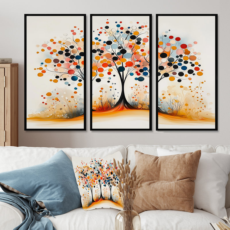 Automne orange et bleu, arbre, saisons, réflexions I - ensemble d'art abstrait mural Mid-Century, H 28 po x l 36 po x P 1 po