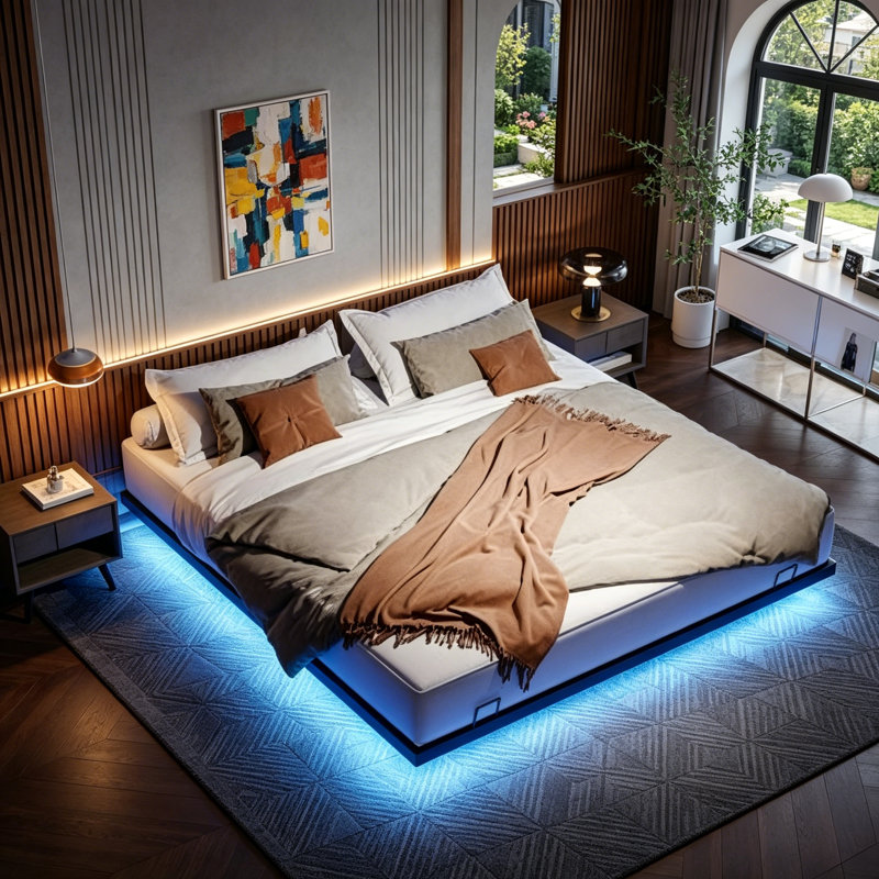 Structure de lit flottant pour grand lit avec lumières DEL, plateforme en métal, stable et silencieuse, aucun sommier requis, facile à assembler
