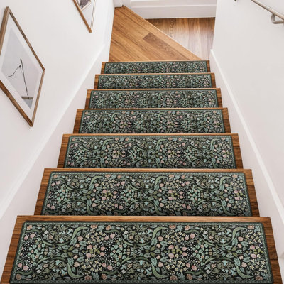 Tapis d'escalier antidérapant 15 pièces pour marches intérieures en bois 30 po x 8 po | Tapis à motif floral, marches d'escalier, marches d'escalier pour enfants, personnes âgées et chiens, housses d'escalier, noir