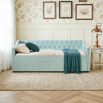 Twin‑Size Daybed,Upholstered Convertible Daybed with Tufted Button Backrest, 3‑in‑1 Versatile Sofa Bed with Pull‑Out Trundle & Side Storage, for Compact Living