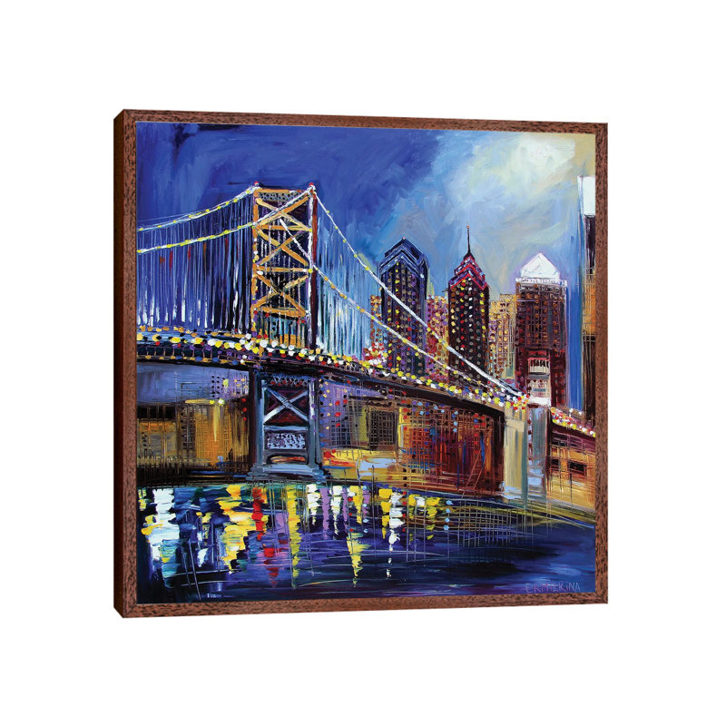 Benjamin Franklin Bridge by Ekaterina Ermilkina - Painting on Canvas, 66.04 cm H x 66.04 cm W, Classic Brown Wood Framed