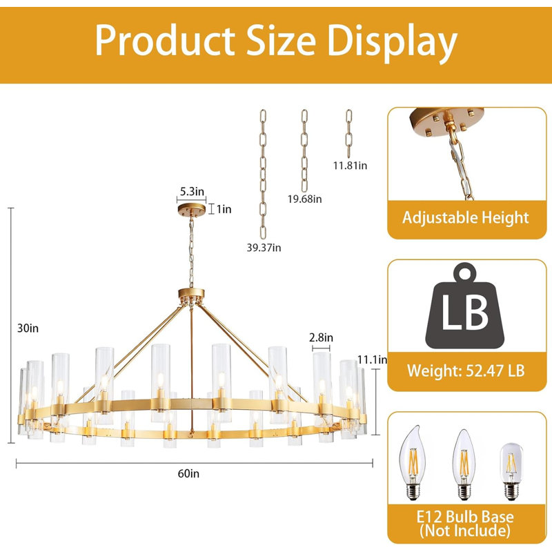 Lustre en roue de chariot Gwyndolyn, H 34 po x l 60 po x P 60 po, Or