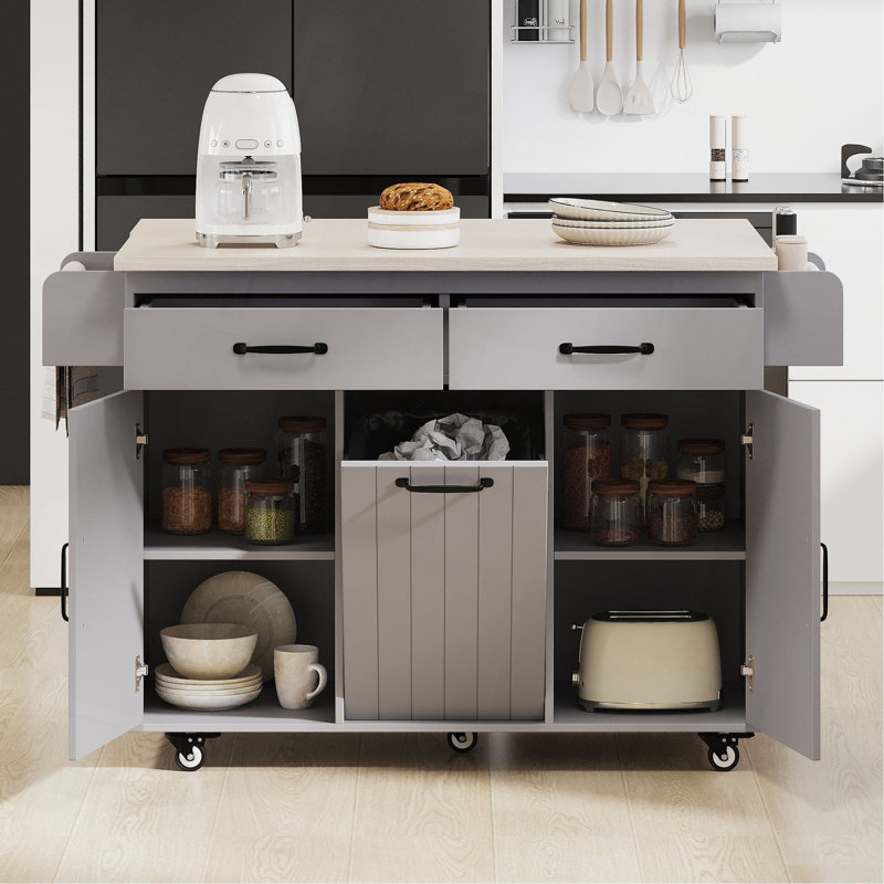 Îlot de cuisine avec armoire de rangement pour poubelle, chariot de cuisine avec abattant, support à épices, porte-serviettes et tiroir, îlot de cuisine sur roulettes avec tablette réglable