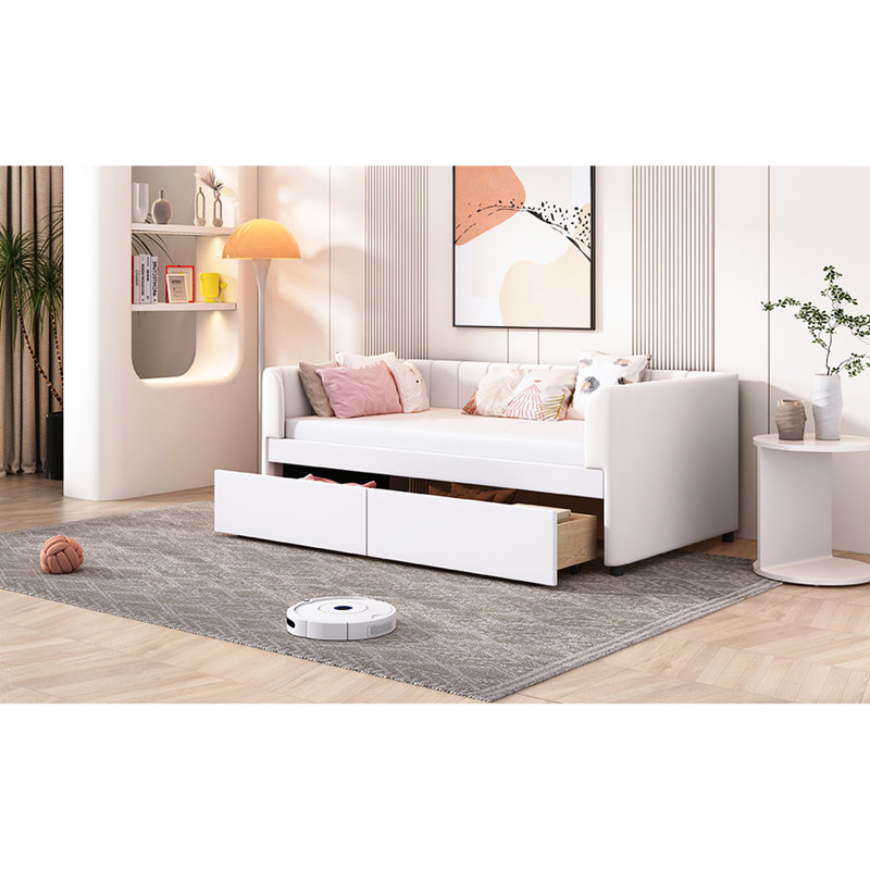 Beige Twin Upholstered Daybed With 2 Pull-Out Drawers And Ergonomic - Classic Stripe Headboard For A Comfortable Bedroom Study Size Back Support Stylish Try