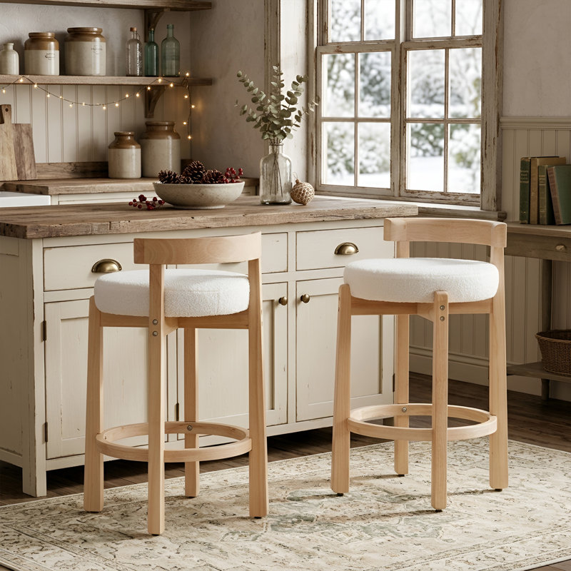 Tabourets de bar de 26,5 po Clayt, Siège blanc / cadre naturel, 2