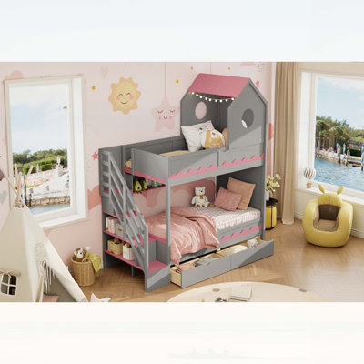 Lit superposé simple au-dessus d'un lit simple avec toit en forme de maison, escalier de rangement et éclairage à DEL, parfait pour les chambres d'enfants et les petits espaces