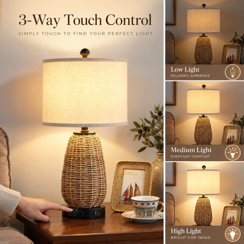22.8" Natural Woven Rattan Table Lamp Set with 3-Way Touch Control, USB Ports & AC Outlet