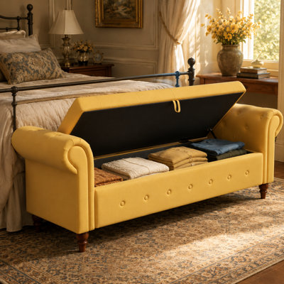 Banc de rangement rembourré de 63 po avec accoudoirs roulés Velnora, banc repose-pieds capitonné avec grand compartiment de rangement, pieds en bois massif, banc de chambre à coucher pour le salon, l'entrée, le couloir