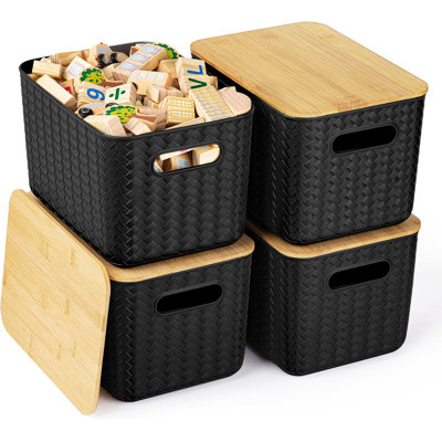 Ensemble de 4 bacs de rangement noirs avec couvercle en bambou