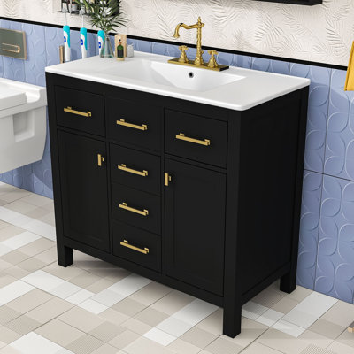 Ensemble de meuble-lavabo 36 po avec plateau en céramique Purtell, armoire en bois autoportante avec 4 tiroirs et 2 portes