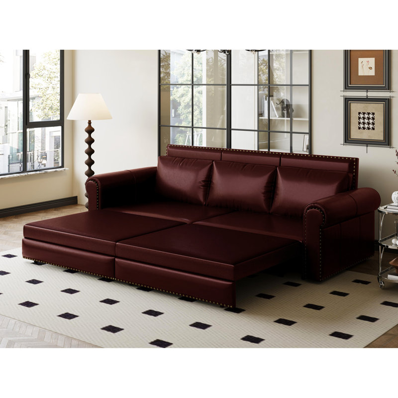 93.7" Convertible Faux Leather Bed In Burgundy, Traditional Vintage Look, Easy To Clean And Keep Design, Maintain Use