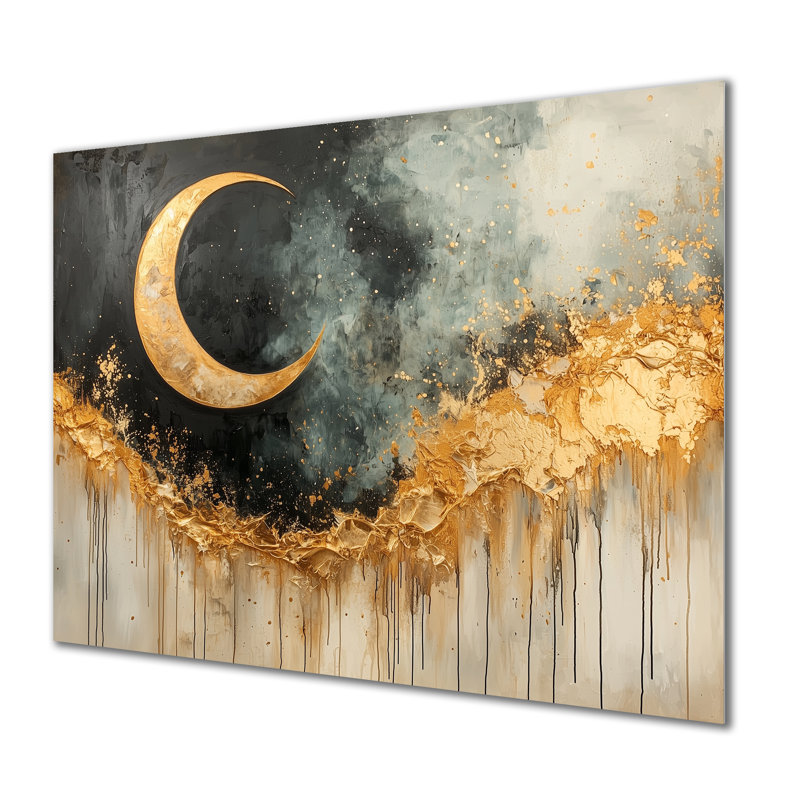 Golden Eclipse Moon Reverie - Art mural en métal lune pour le salon, H 24 po x l 32 po