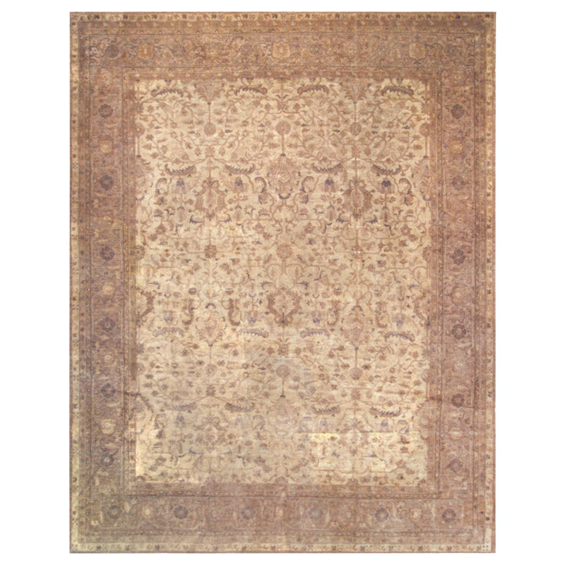 1930s Beige Floral Antique Indian Rug 11' 9" x 14' 10" Handknotted Wool Carpet